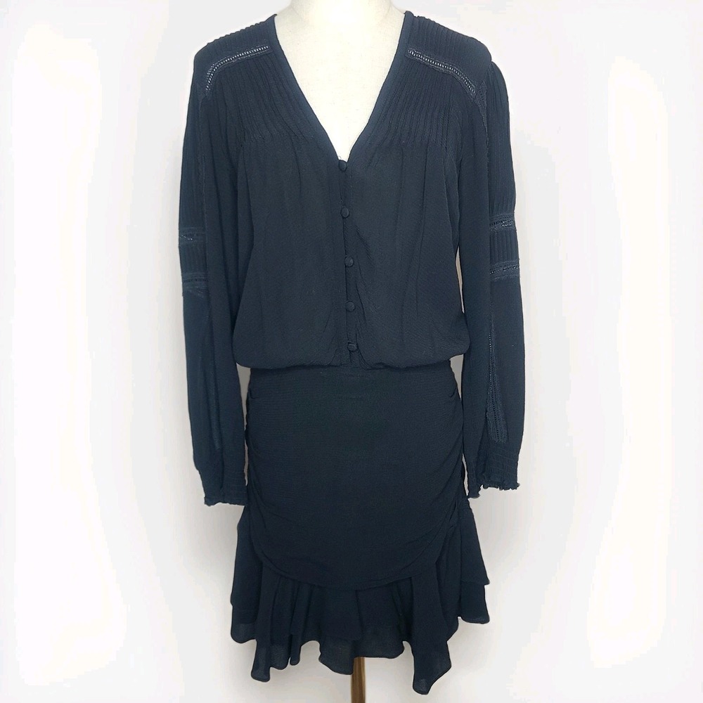 Veronica Beard Womens Long Sleeve V-neck Black Embellished Ruched Dress Size 4